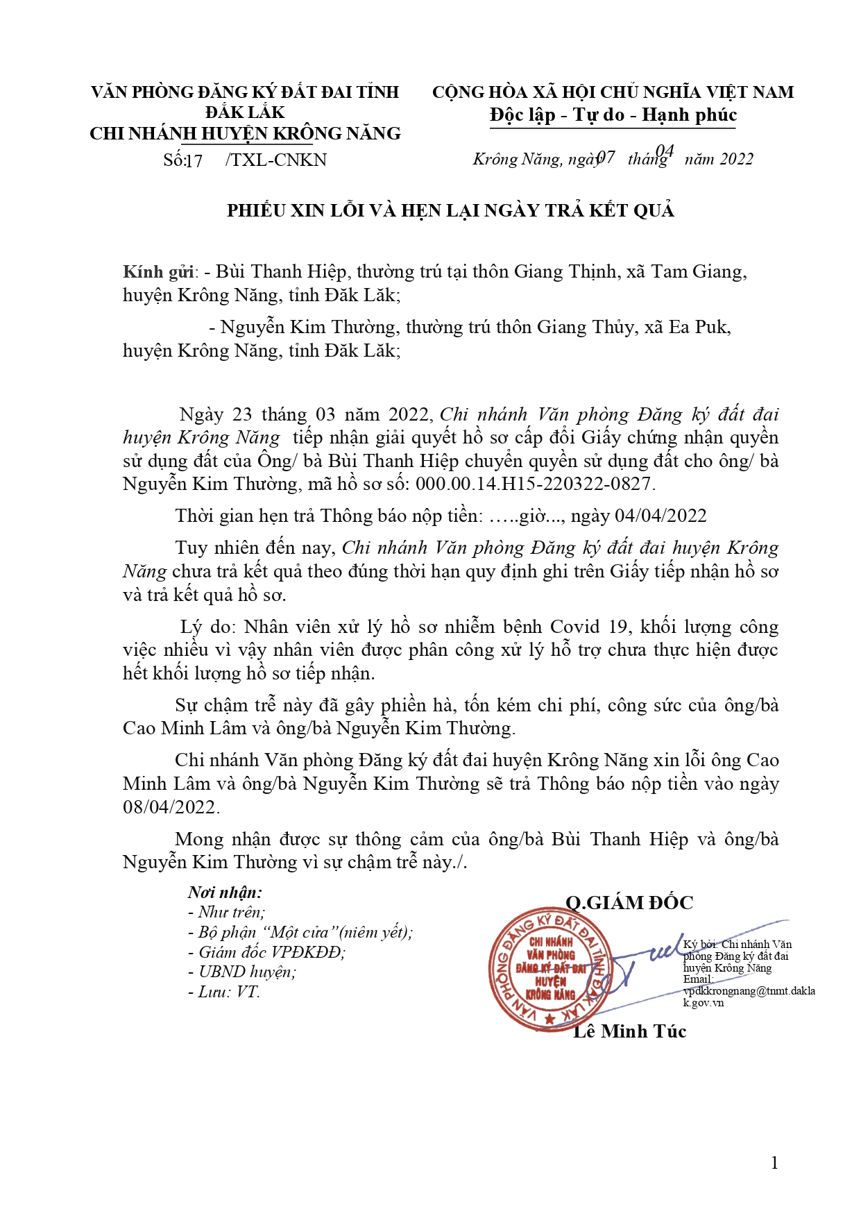 Phiếu xin lỗi Hồ sơ trễ hạn Bùi Thanh Hiệp, địa chỉ thửa đất xã Tam Giang, huyện Krông Năng, tỉnh Đăk Lăk